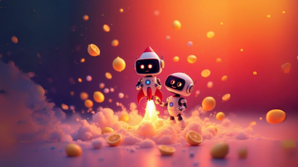 Two playful robots with one launching like a rocket, symbolising the power and ease of no-code AI
