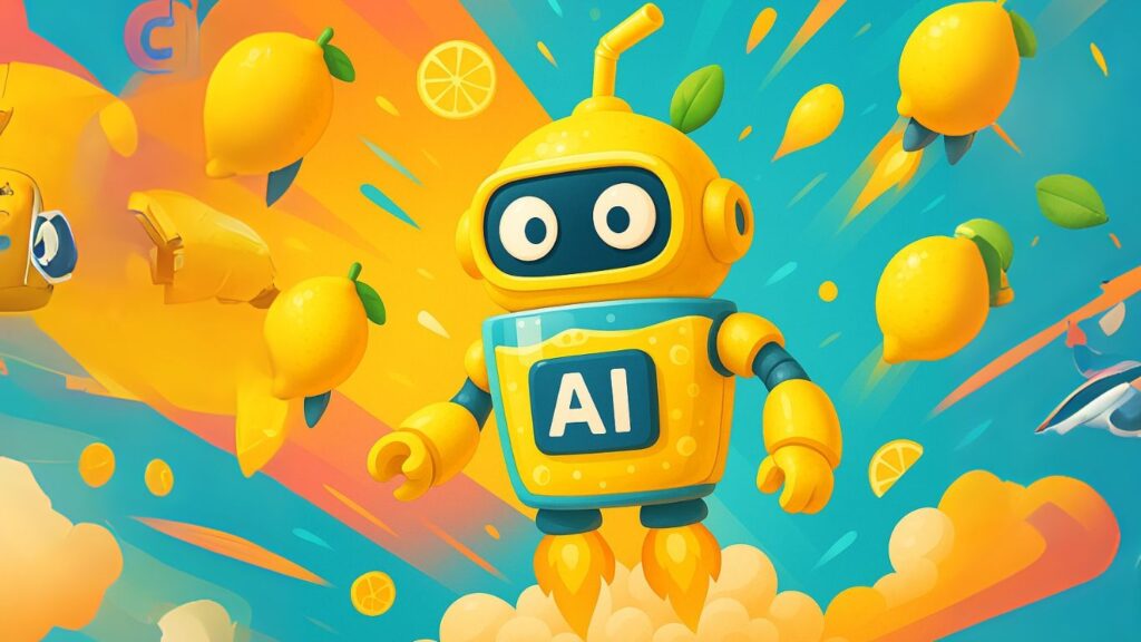 Cartoon-style AI robot launching amidst vibrant flying lemons, symbolizing how to build AI assistant without coding using fun and creative tools.