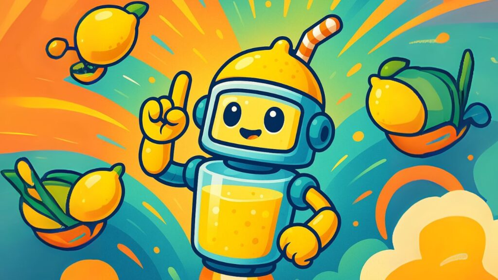 A cheerful robot made of a lemonade cup raises one hand surrounded by flying lemons, creatively symbolising the decision-making process to choose an AI platform.