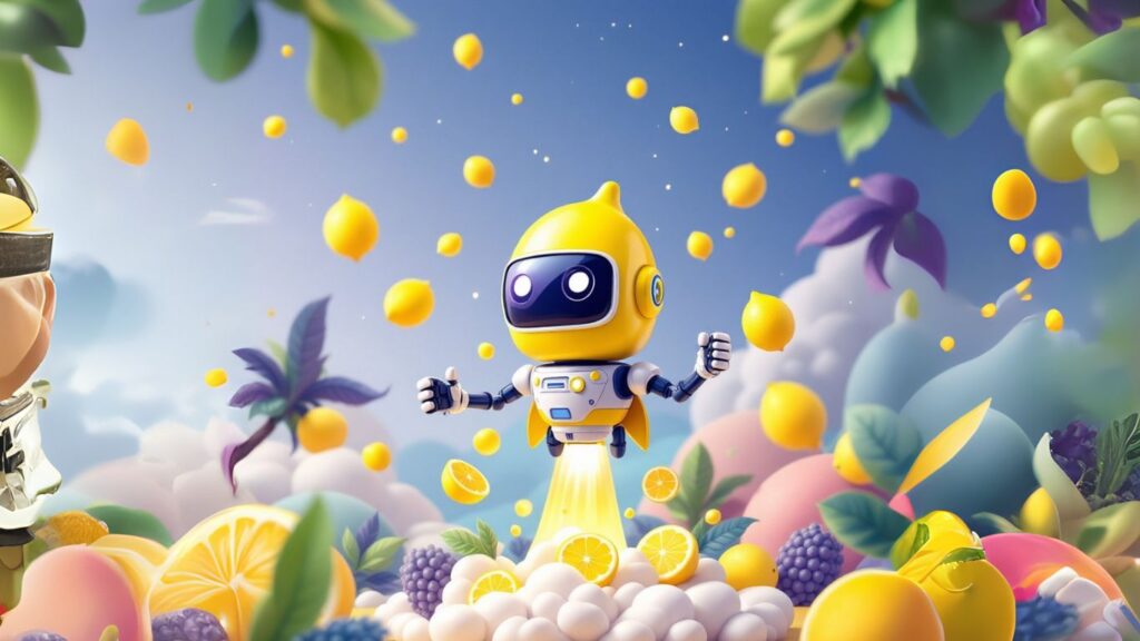 A futuristic yellow robot launches into a vibrant fruit-filled sky with floating lemons and lush foliage, representing the exciting journey to choose an AI platform.