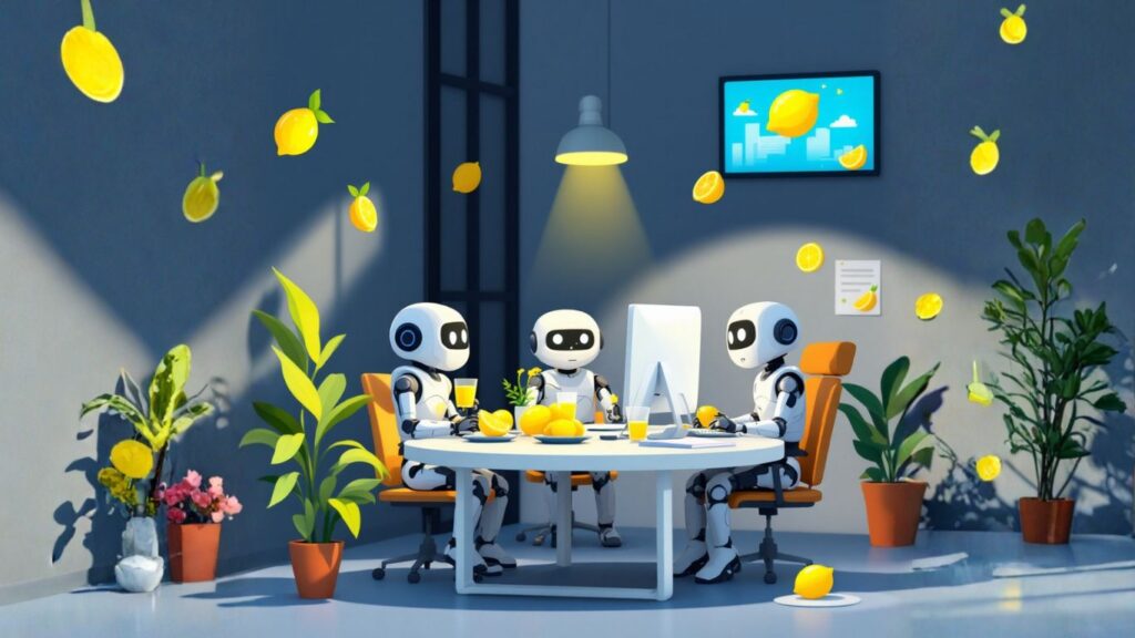 AI assistant robots collaborate at a desk with lemons and computers, representing creative and monetizable AI assistant ideas for digital creators