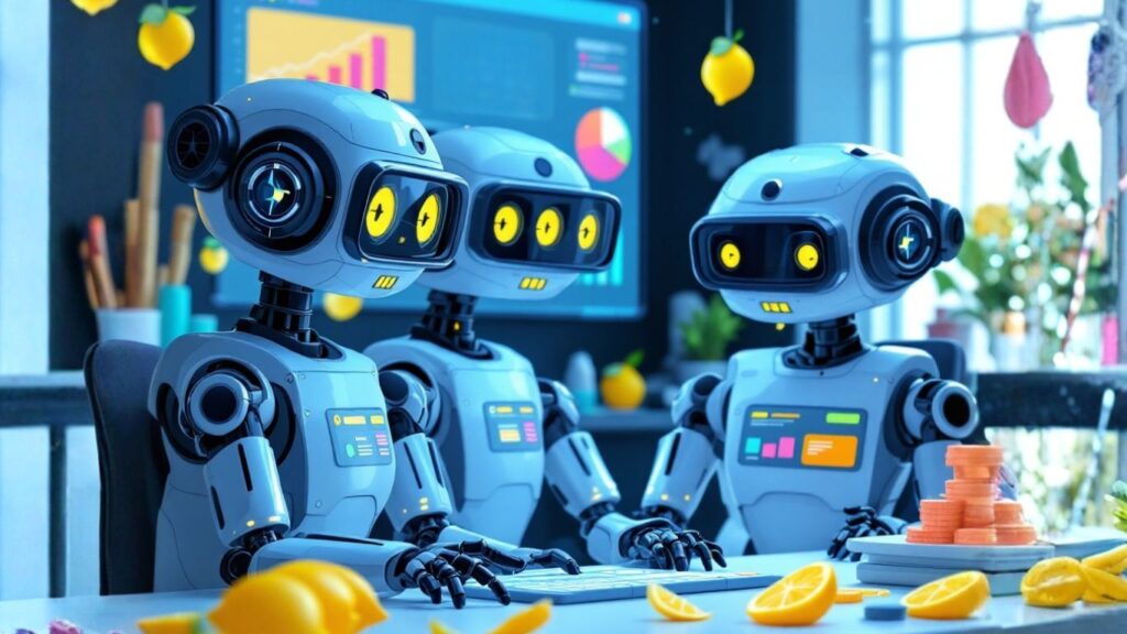 AI assistants collaborate at a desk using different AI features, symbolising how AI boosts efficiency across departments