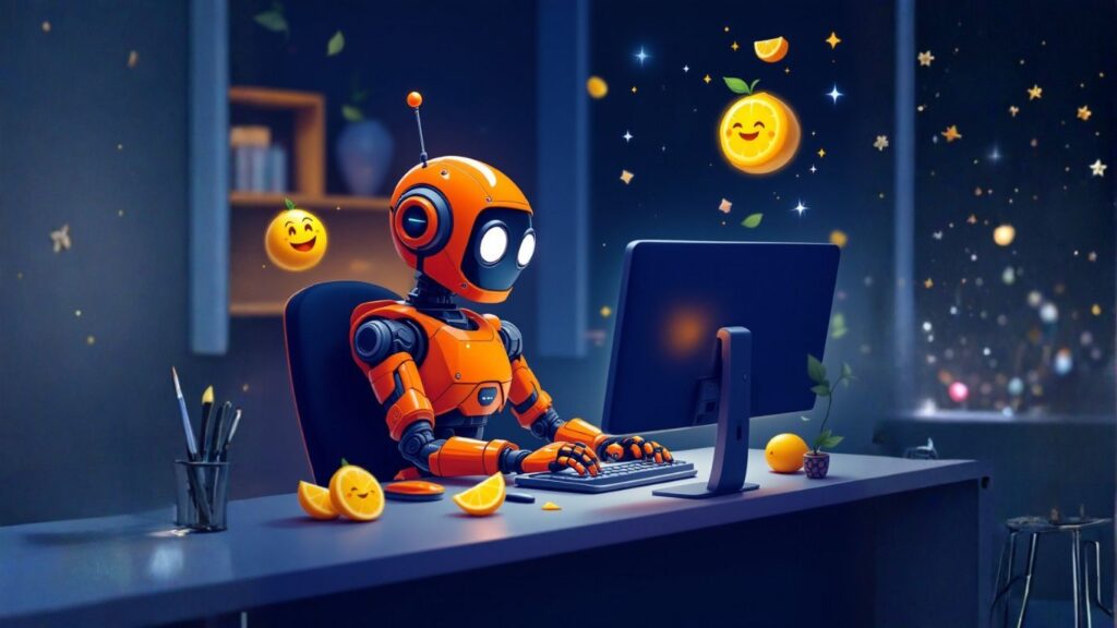 A robot at a desk using a computer, symbolising how AI adapts and follows trending AI market changes creatively