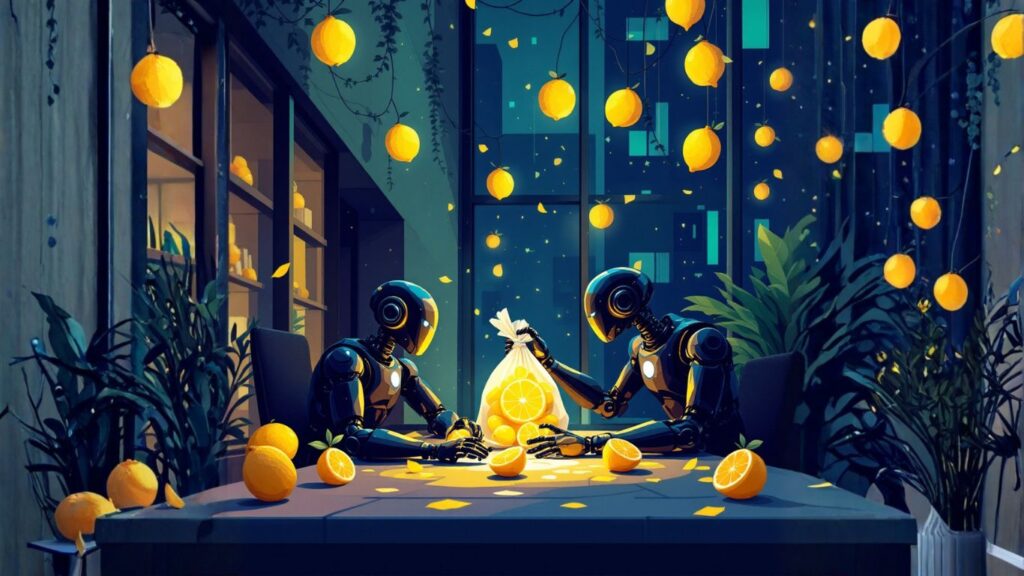 Two robots collaborate at a table slicing oranges under glowing lanterns, symbolising creativity and advanced system prompting in AI innovation