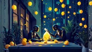 Two robots collaborate at a table slicing oranges under glowing lanterns, symbolising creativity and advanced system prompting in AI innovation