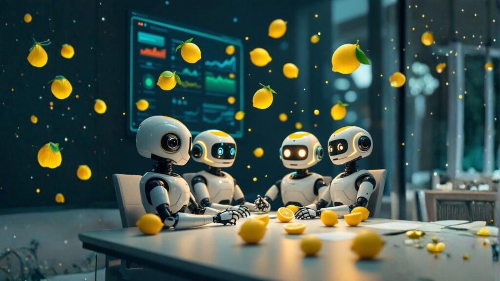 Group of friendly robots brainstorming at a table surrounded by floating lemons, symbolising teamwork and innovation in building an intranet chatbot