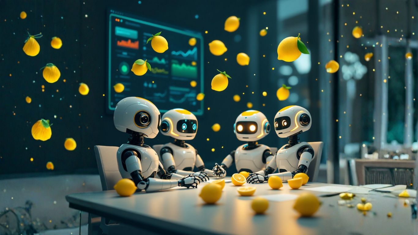 Group of friendly robots brainstorming at a table surrounded by floating lemons, symbolising teamwork and innovation in building an intranet chatbot
