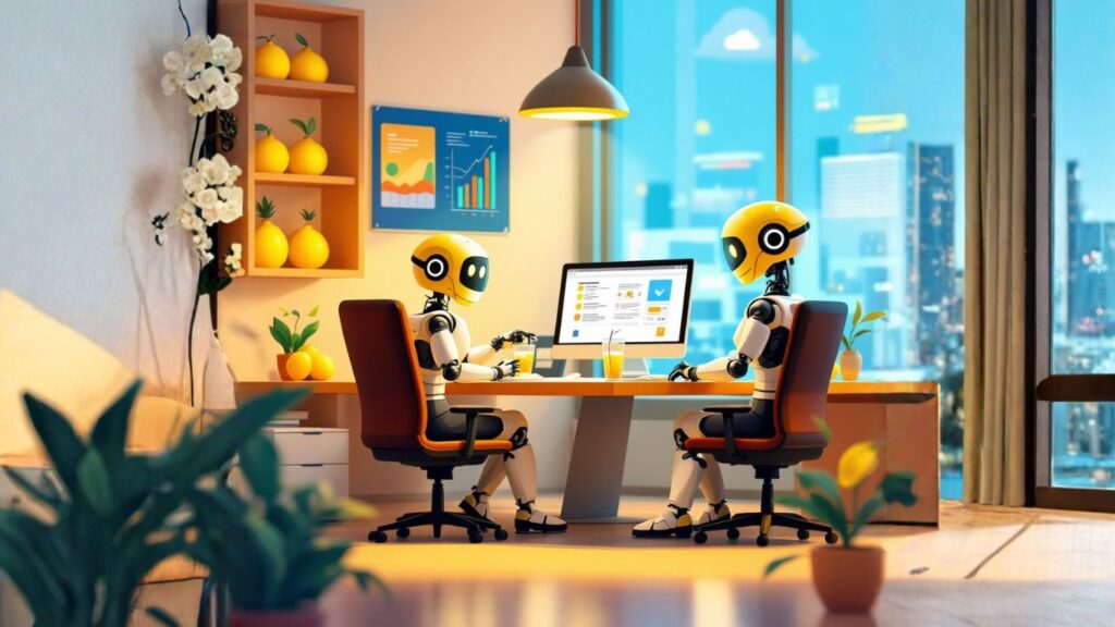 Two AI robots collaborate at a desk with charts and laptops, symbolising how freelancers can productize workflow into efficient AI-powered assistants