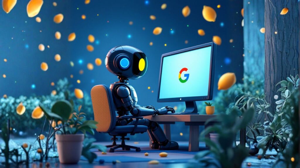 A robot uses a computer with a Google screen in a forest, symbolising how AI and semantic search are transforming Google search results intelligently