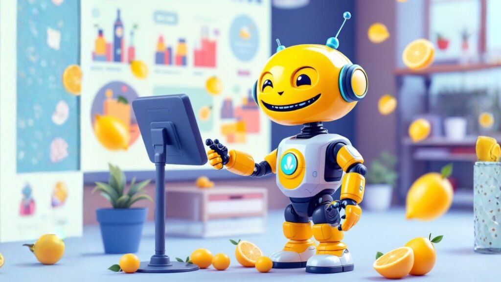 Friendly yellow robot using a touchscreen to show data charts, symbolising AI-driven personalized shopping recommendations in a vibrant, retail-inspired setting