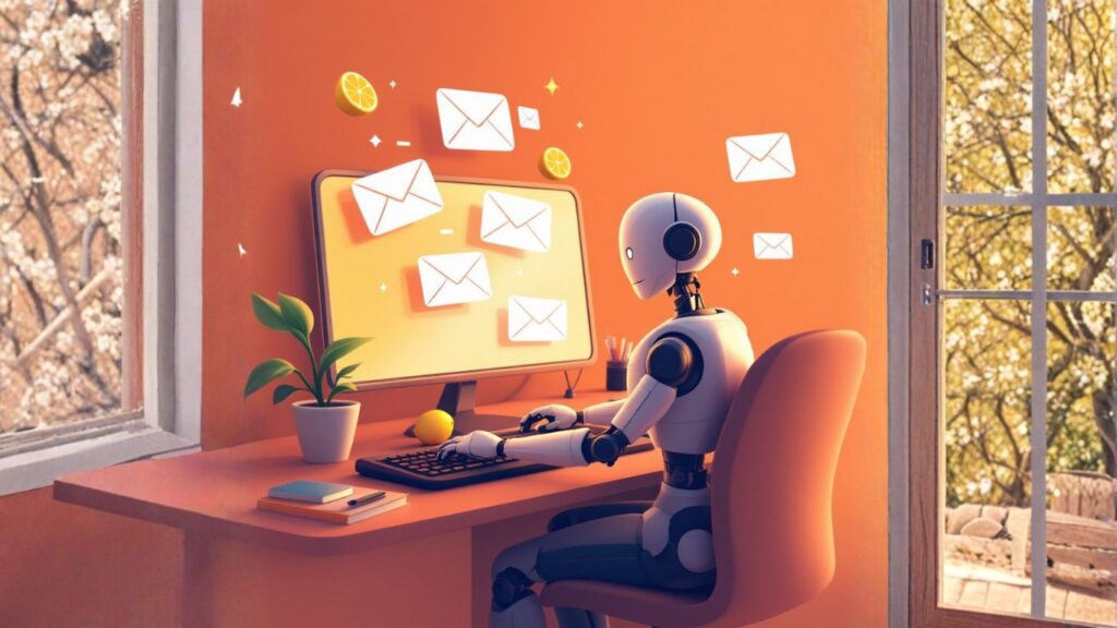 Robot assistant using a computer in a cosy room, managing emails with AI email automation to streamline document summarisation workflows
