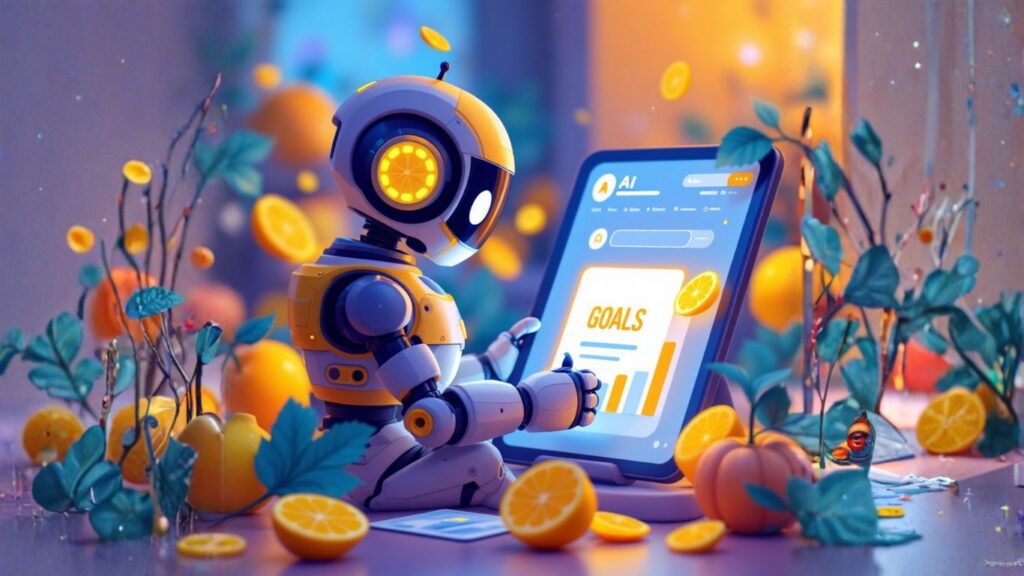 A cute robot uses an AI habit tracker on a tablet to monitor goals, surrounded by fruit and plants, symbolising growth, focus, and healthy habits