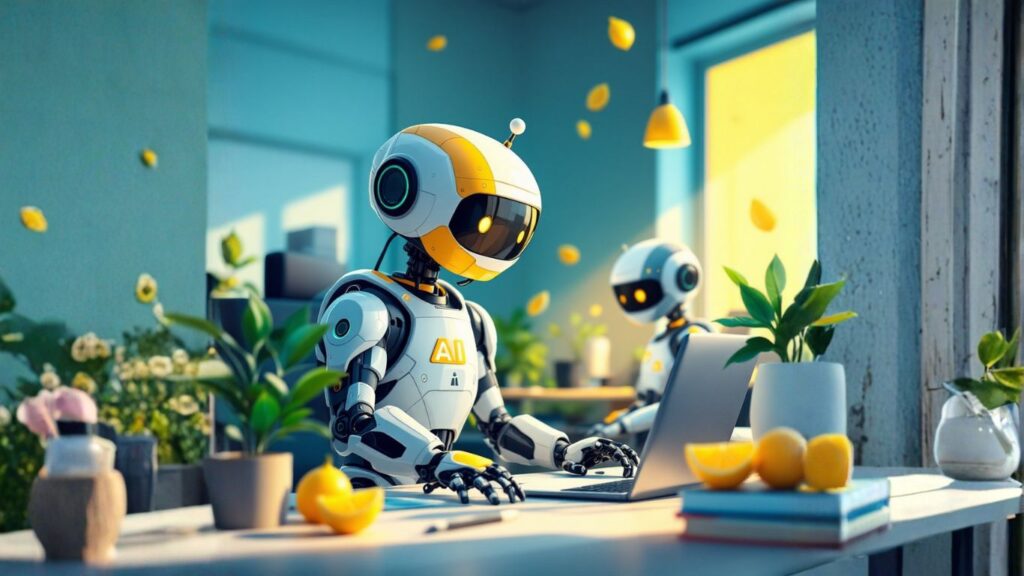 AI robots working on laptops in a bright office, symbolising how artificial intelligence enhances internal ticketing, FAQs, and workflow automation