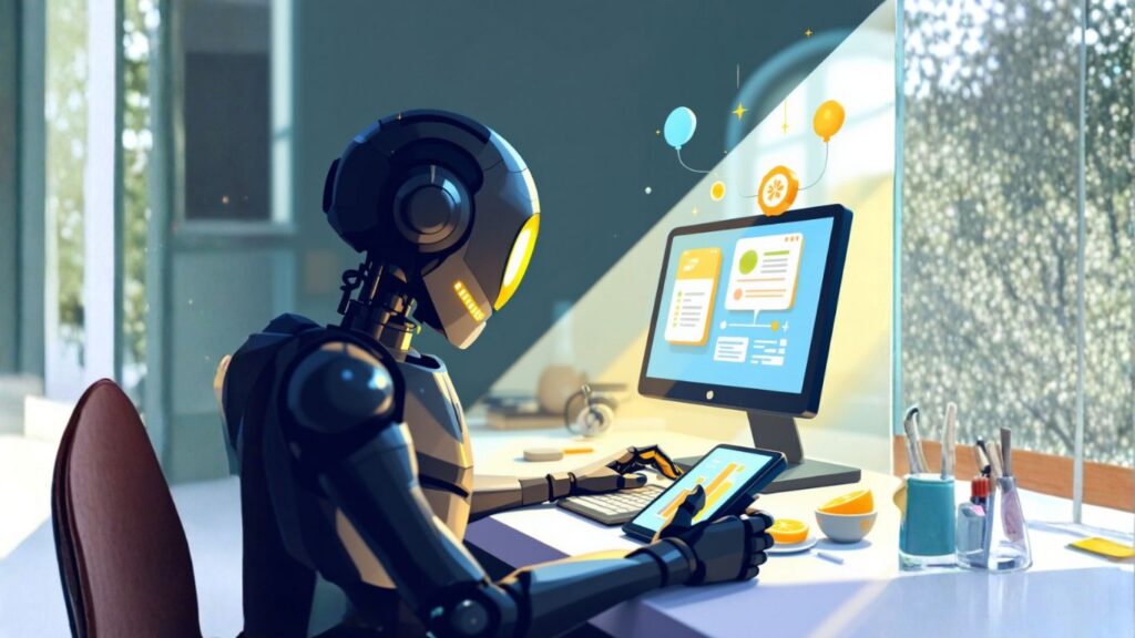 A humanoid robot uses a tablet and desktop in a modern office, symbolising AI integration and enterprise security in digital transformation strategies