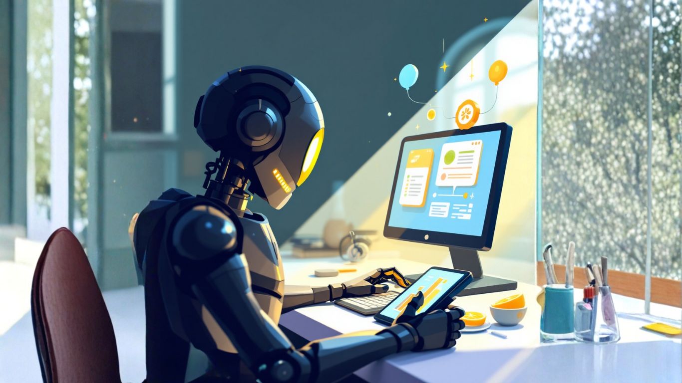 A humanoid robot uses a tablet and desktop in a modern office, symbolising AI integration and enterprise security in digital transformation strategies