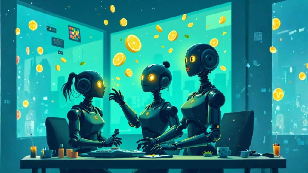 Three futuristic robots collaborate in an office surrounded by glowing lemons, symbolising how to build AI assistants for productivity gains