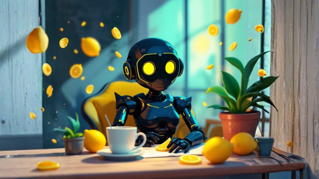 Futuristic robot sitting at a café table with lemons and plants, symbolising creativity and innovation to create AI products for small businesses