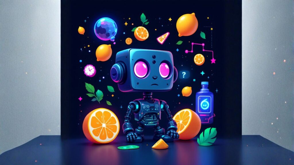 AI robot with fruit and tech icons represents using artificial intelligence to future-proof your business in a creative, evolving digital landscape
