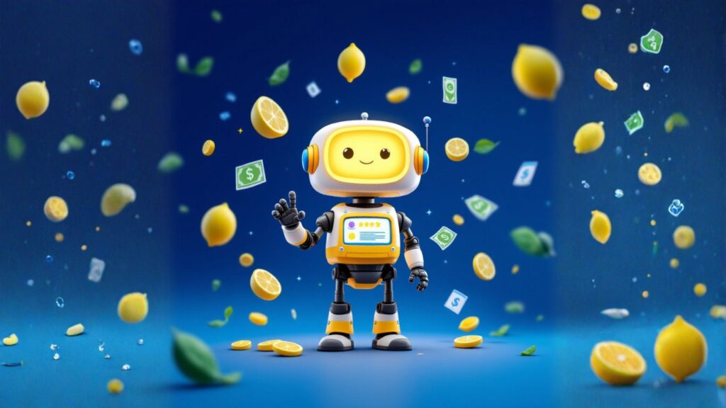 Smiling robot surrounded by lemons, leaves, and money symbols on a blue background, symbolising how to monetize AI workflow in a fun, creative way