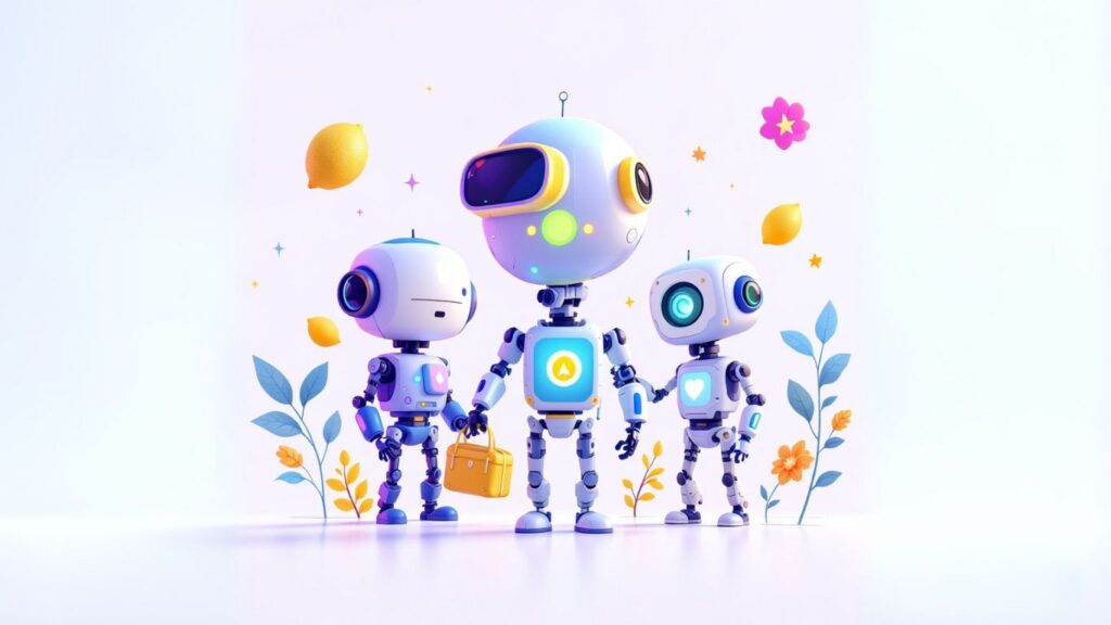 Three cute robots standing together with flowers and icons, symbolising teamwork and innovation to upsell AI services in a creative, friendly way