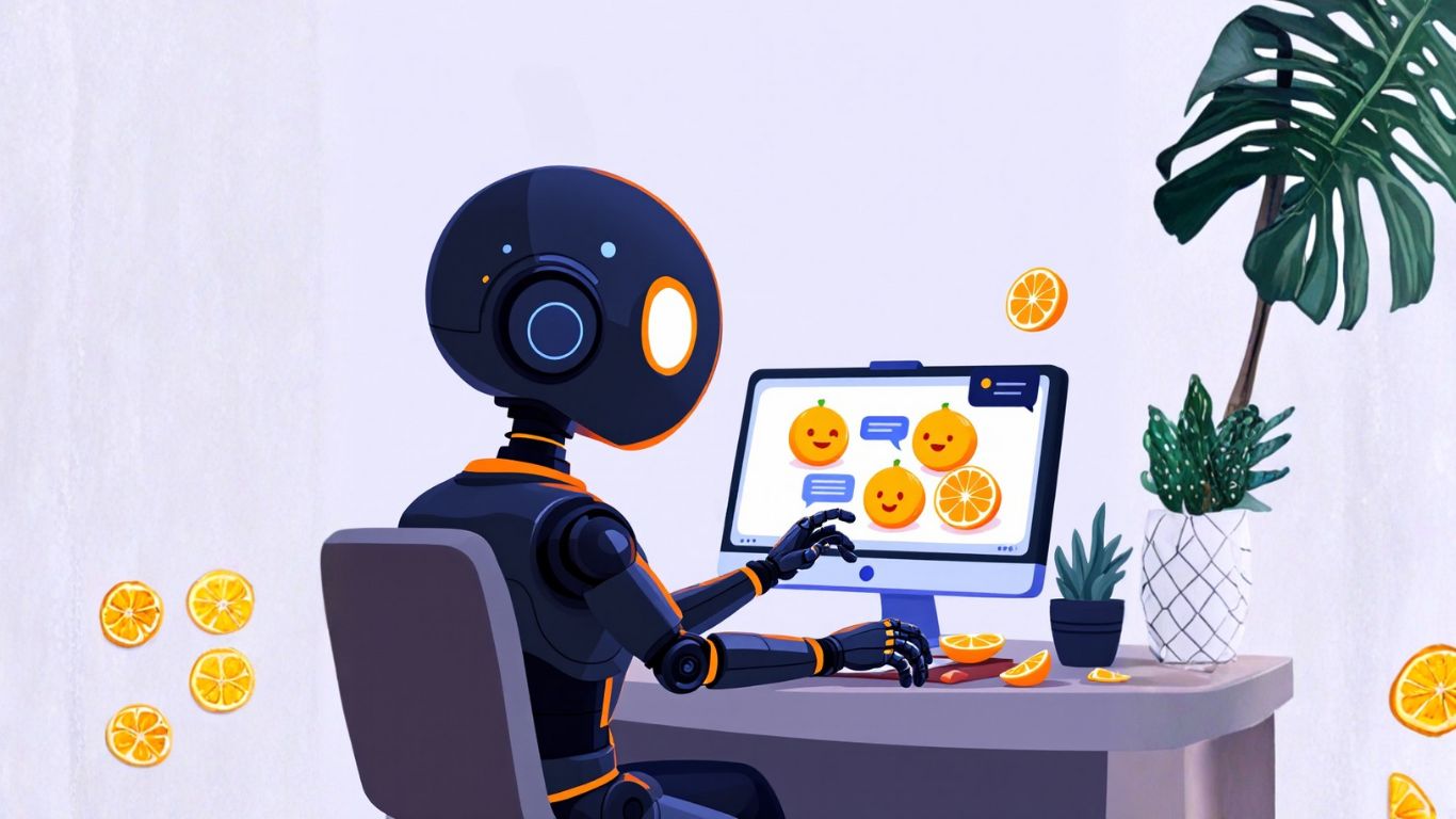 A robot interacts with an onboarding chat interface on a computer, symbolising the use of onboarding AI workflows to assist new employee integration