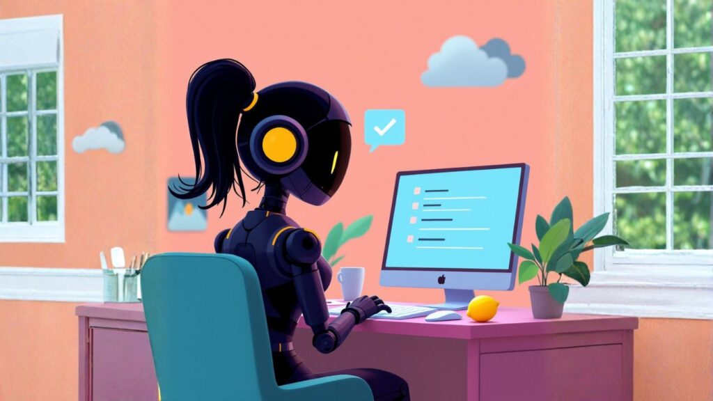 A robot works on a computer to automate repetitive tasks, showing how AI helps simplify workflows and improve productivity