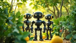 Three friendly robots standing among green plants and oranges, symbolising collaboration of Claude, GPT‑4, and Gemini in one AI agent
