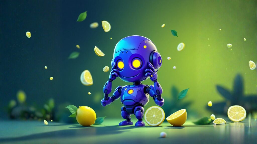 A cute, blue AI assistant robot stands surrounded by lemons and leaves, symbolising tackling business headaches with smart, custom AI support