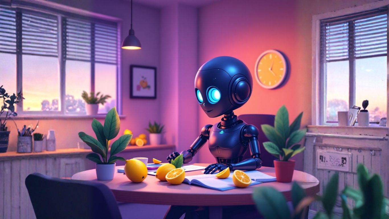 A friendly AI robot sits at a desk with lemons and notebooks, symbolising startup automated support and how businesses can use AI to improve service