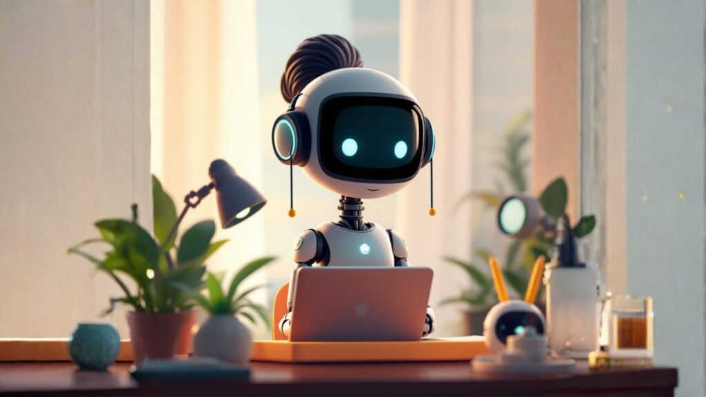An AI assistant robot sits at a desk with a laptop in a modern office, representing how startups use AI assistants to enhance customer support efficiency