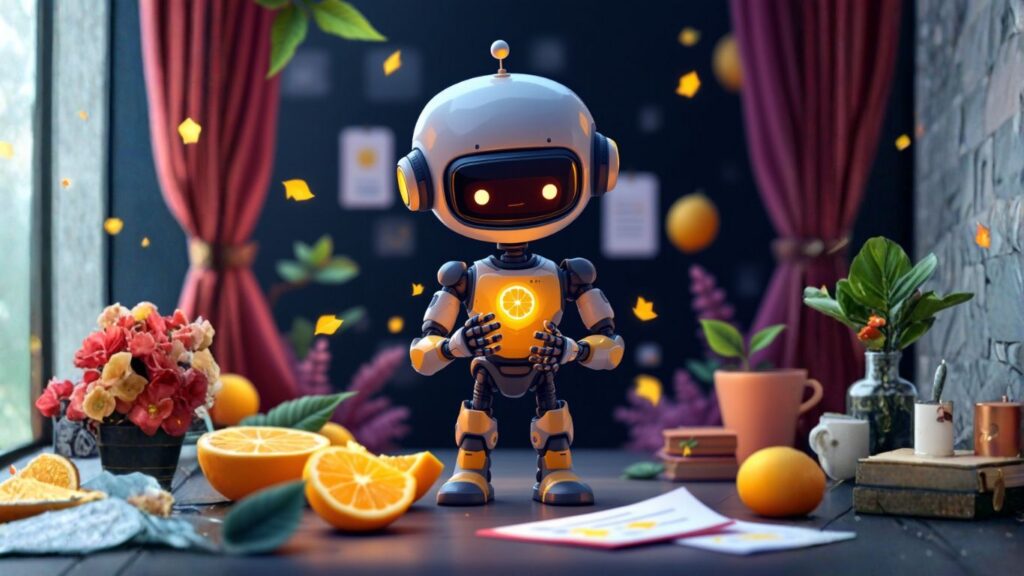 Cute robot holding an orange stands on a desk with scattered papers and fruits, symbolising an AI planning assistant organising a chaotic to-do list