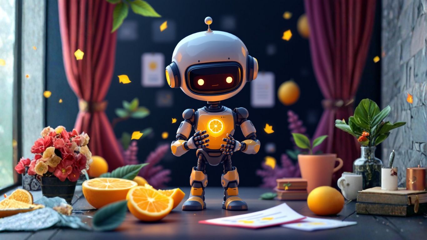 Cute robot holding an orange stands on a desk with scattered papers and fruits, symbolising an AI planning assistant organising a chaotic to-do list