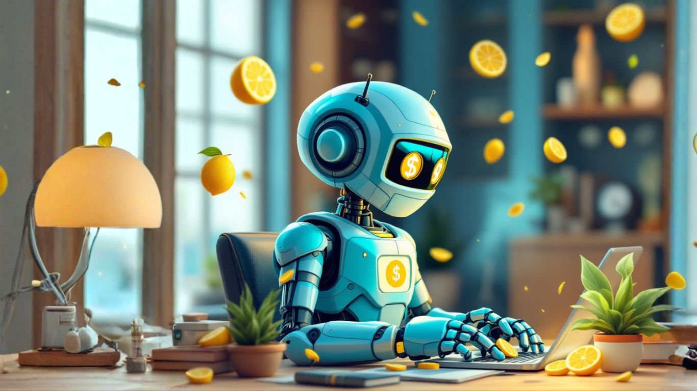 A cheerful robot typing at a desk with flying lemons, symbolising a subscription AI assistant boosting productivity and revenue in a modern workspace