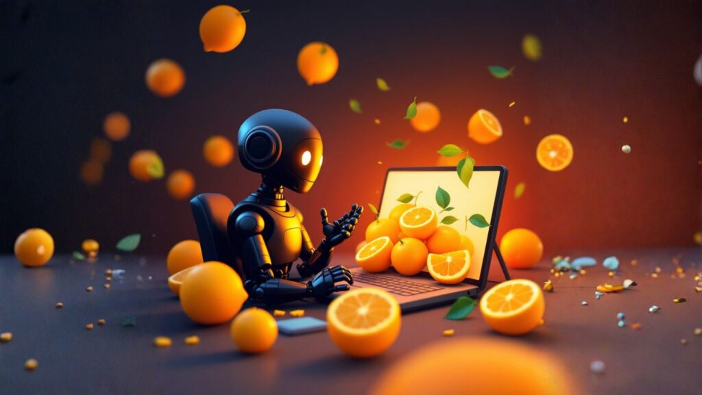 A friendly AI agent interacts with a laptop surrounded by vibrant oranges, symbolising creativity and user-focused design in AI development