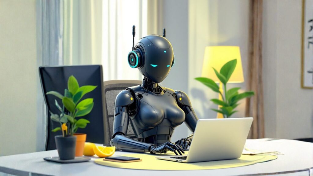 A humanoid robot using a laptop in a modern office, symbolising how AI assistants help users get started with smart digital productivity and learning