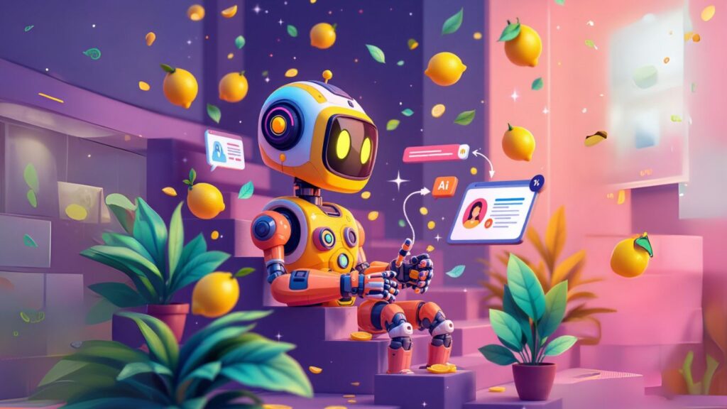 Colourful robot surrounded by floating lemons and icons, symbolising creativity and AI tools, promoting how to sell AI templates online effectively
