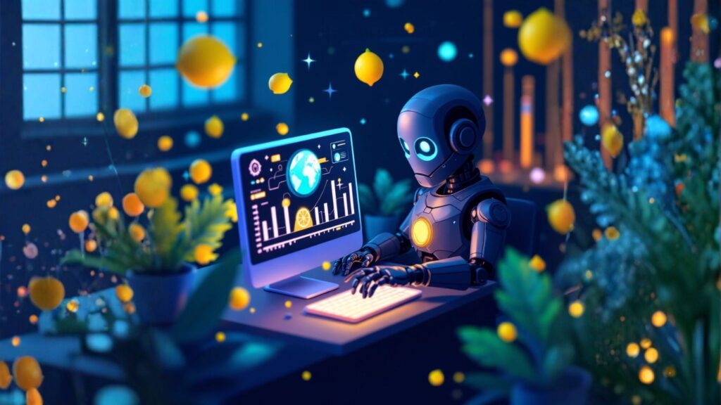 A robot interacts with data on a computer, visualising how semantic search transforms AI systems to better understand and respond to user intent