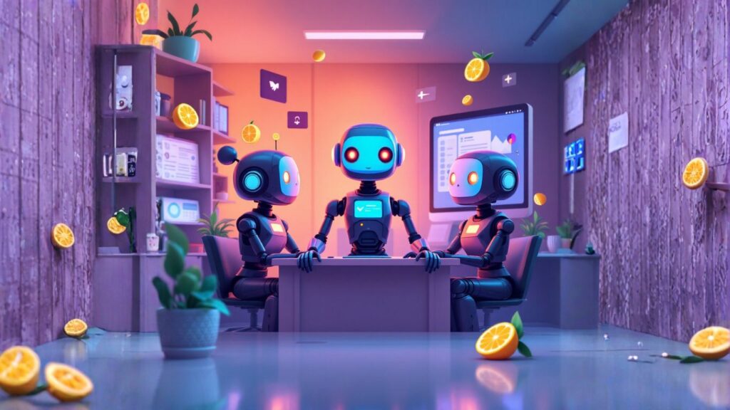 Three AI agents in a modern finance office analyse data on a screen, symbolising how finance teams boost efficiency through intelligent automation