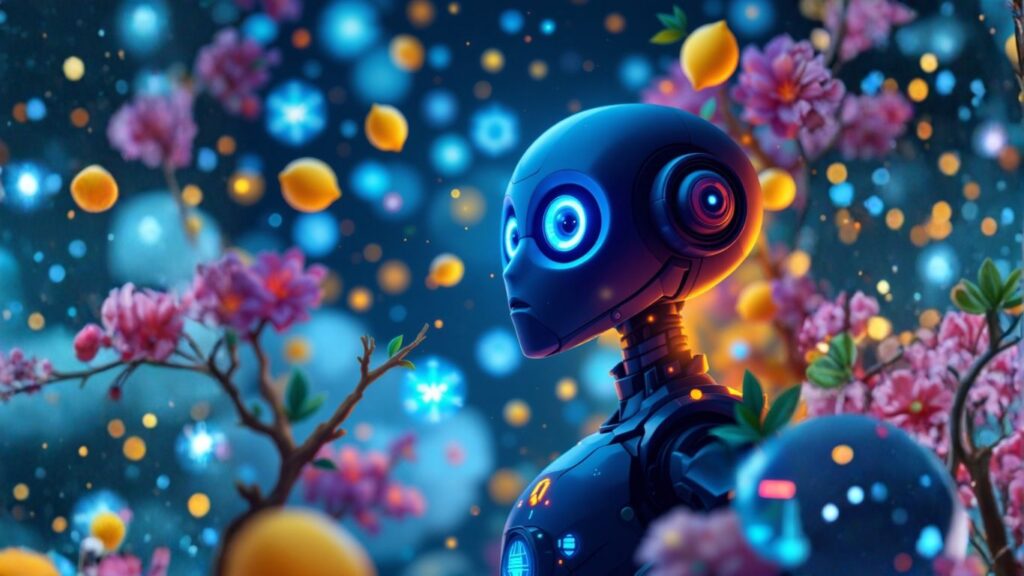 Futuristic AI robot amid vibrant tech and nature elements, illustrating the impact of partner integrations in expanding the AI ecosystem