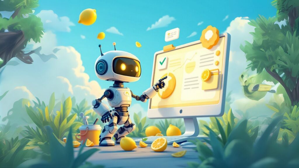 A robot in a bright garden setting interacts with a project dashboard on a computer, symbolising efficient project management with AI tools and automation