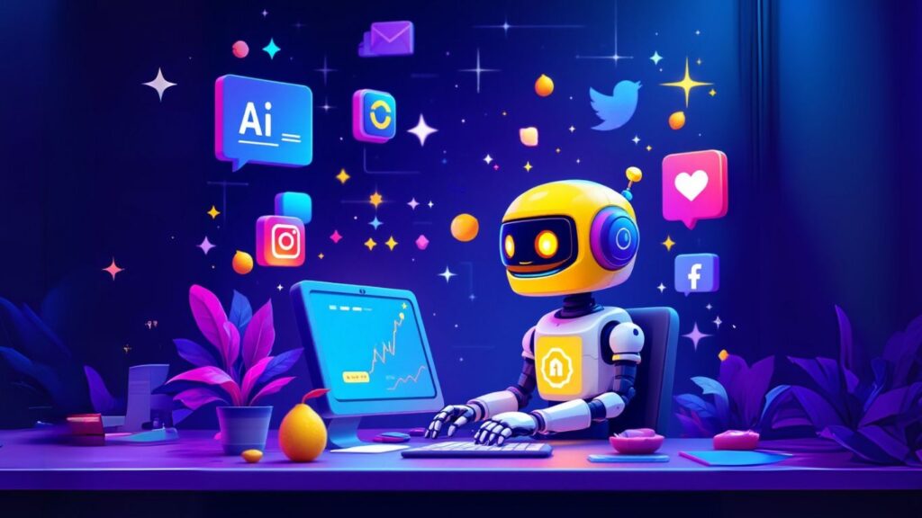 Robot using a computer surrounded by social media icons, symbolising AI-driven social media content creation in a vibrant, futuristic workspace
