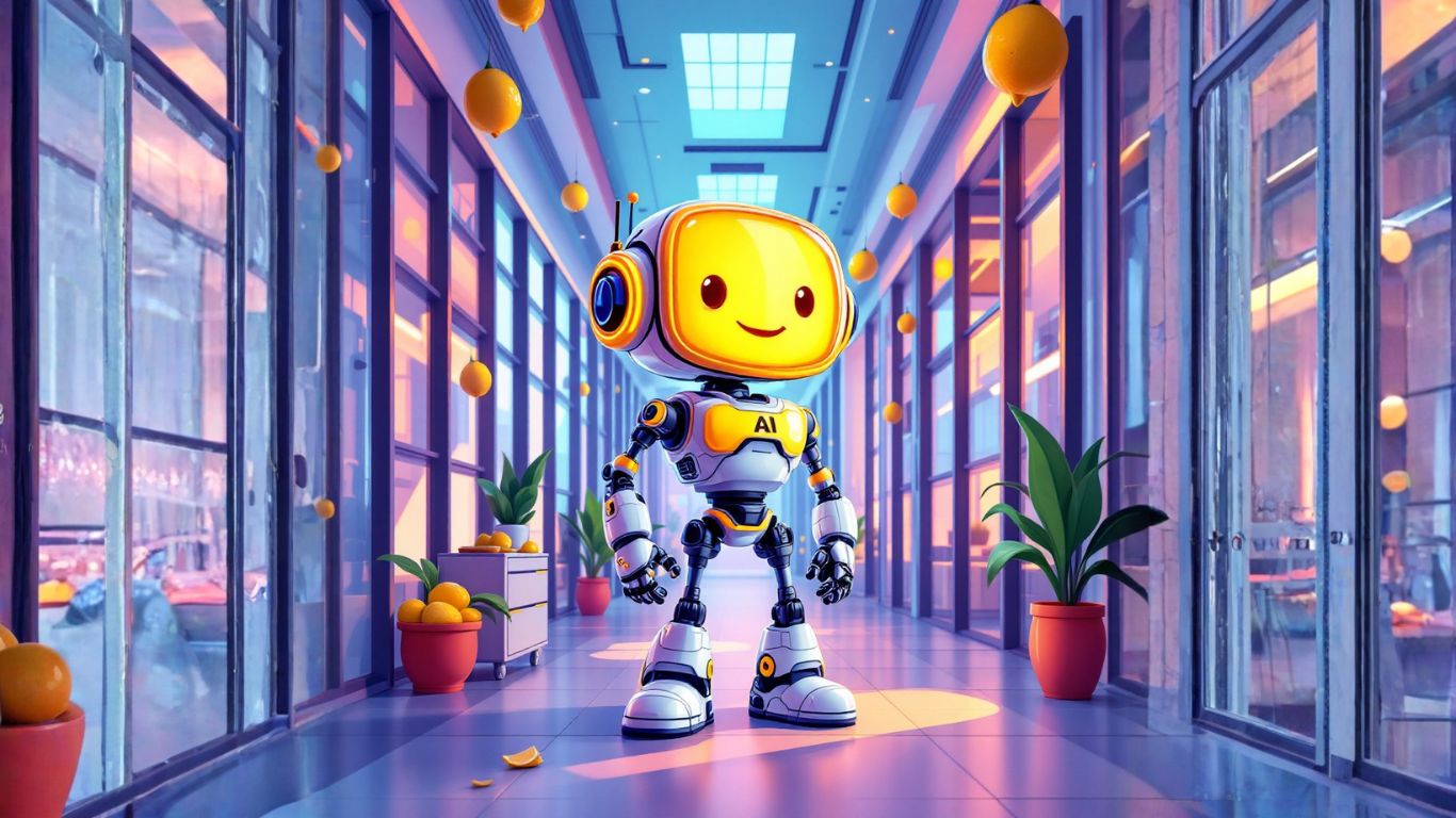 AI robot standing in a modern office hallway, representing how consultants use artificial intelligence to improve client communication and workflow efficiency