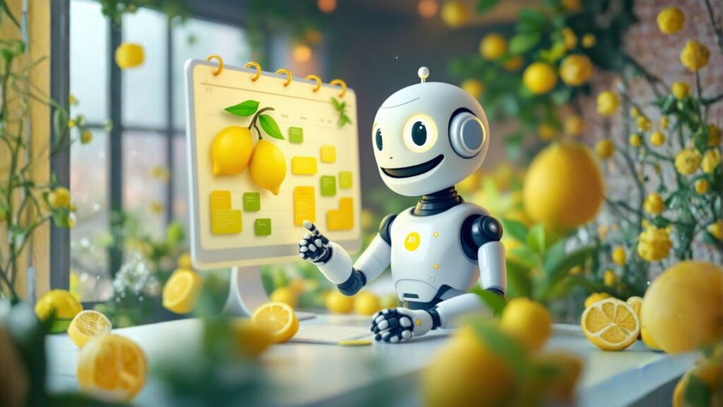 Smiling AI robot uses a digital calendar filled with lemons, symbolising smart AI calendar integrations for automating personal scheduling tasks