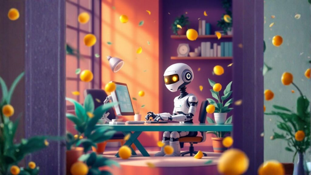 Robot at desk in creative office, highlighting the need to upgrade AI tool for enhanced productivity and innovation