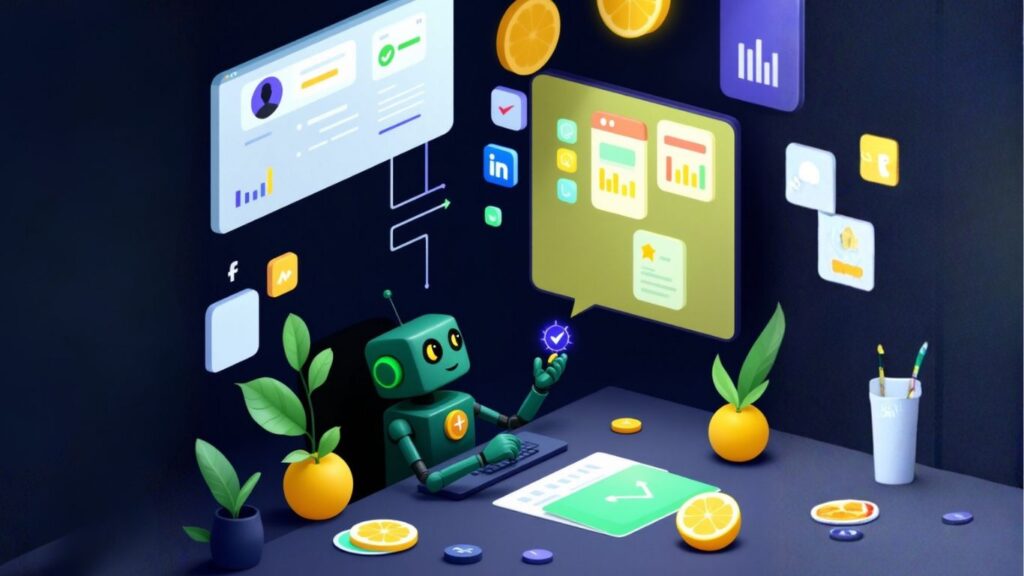 Robot at a desk using AI assistants to manage project dashboards, task lists, and integrations, symbolising workflow automation and productivity tools