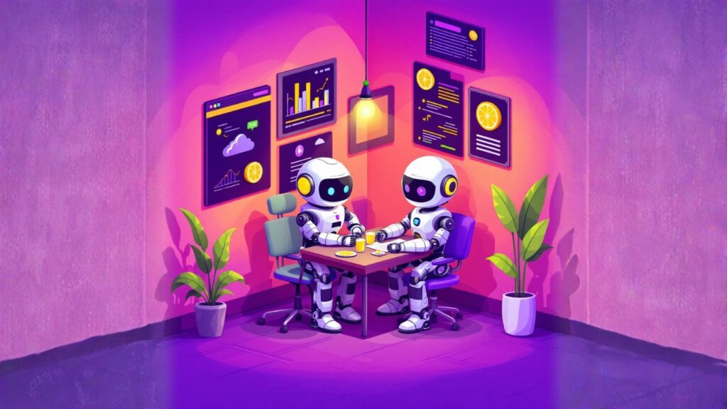 Two friendly robots collaborate at a desk in a colourful office, symbolising how teams can roll out AI assistants company-wide efficiently and smoothly