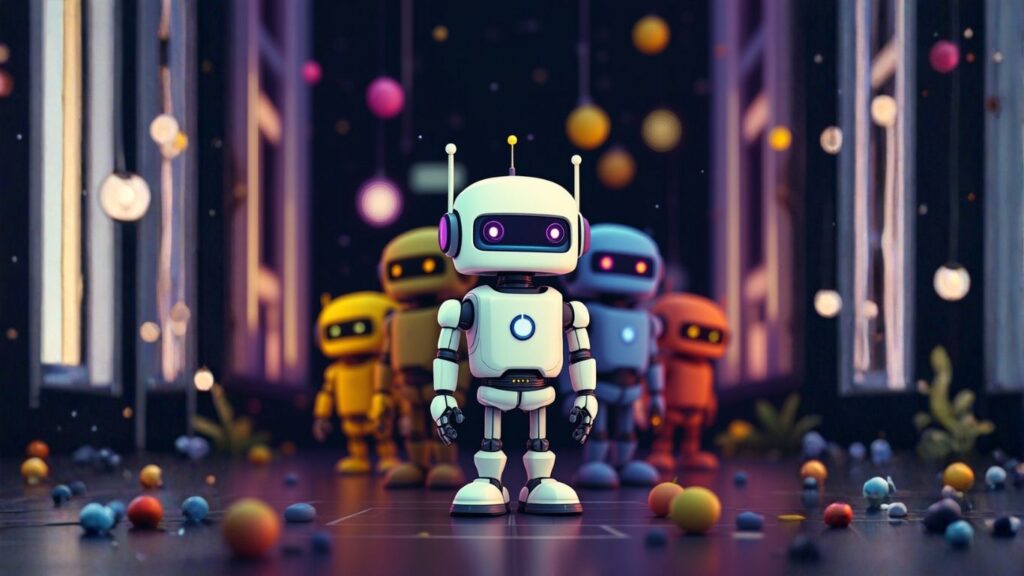 Group of colourful robots in a futuristic room, symbolising the fast and seamless setup of multi-model AI using LaunchLemonade for quick deployment