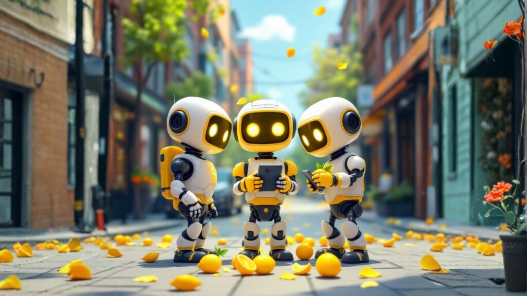 Robots collaborating with devices on a vibrant street, symbolising building AI community through no-code AI tools and shared innovation