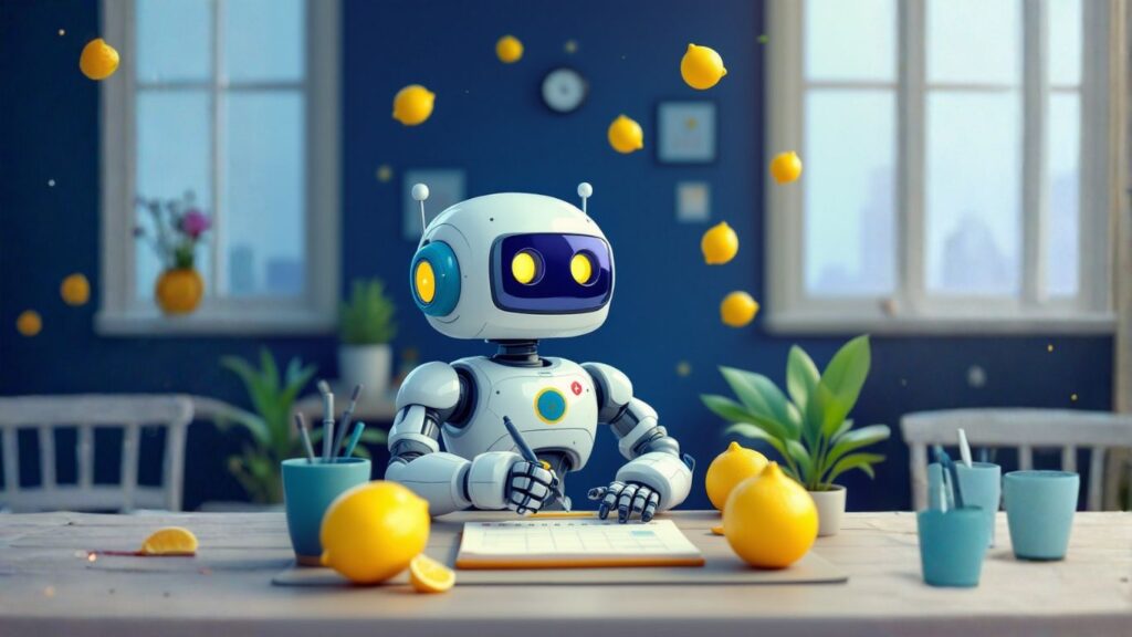 Robot at desk with flying lemons, symbolising creativity and innovation featured in weekly LaunchLemonade updates