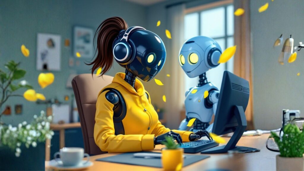 Female robot working at a computer in a modern office beside an AI agent, symbolising productivity powered by company-wide AI agents and automation tools